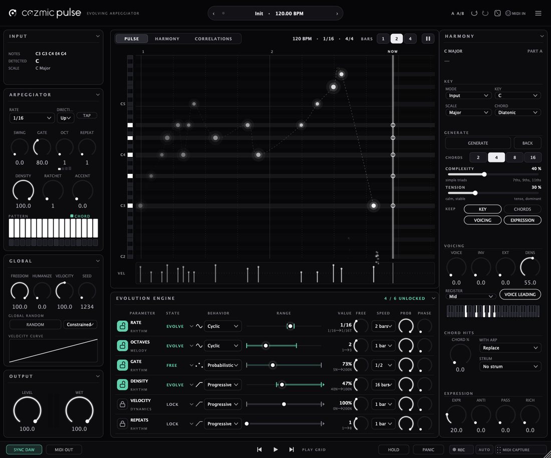 Cozmic Pulse interface: arpeggiated notes on a grid, the evolution engine and the harmony panel